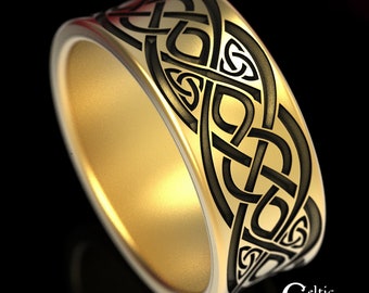 Mens Engraved Ring, Wide Gold Wedding Ring, Mens Gold Wedding Band, Mens Celtic Ring, Gold Celtic Wedding Band, Gold Infinity Ring, 1560
