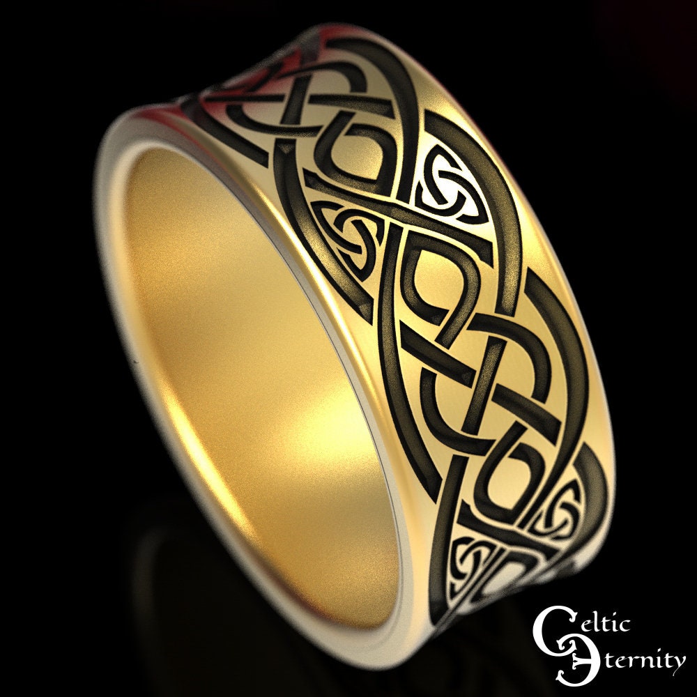 Mens Engraved Ring, Wide Gold Wedding Ring, Mens Gold Wedding Band