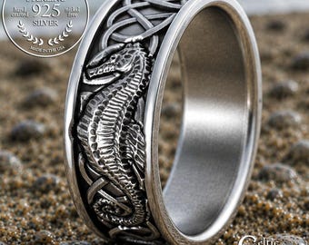 Sterling Silver Celtic Seahorse Ring, Seahorse Wedding Band, Nautical Wedding Ring, Seahorse Jewelry, Sea Ocean Theme Wedding Ring, 1163
