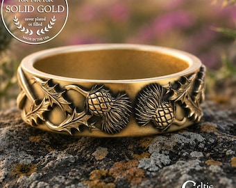 Blooming Thistle Gold Wedding Band, 14K Celtic Flower Knotwork Ring, 10K Irish Botanical Wedding Ring, Scottish Gold Anniversary Ring, 2126