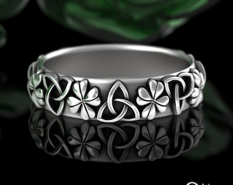 Sterling Shamrock Ring, Womens Irish 4 Leaf Clover Ring, Trinity Celtic Clover Wedding Band, Silver Lucky Botanical Wedding Ring, 3169