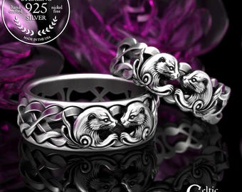 Bride & Groom Sterling Otter Wedding Band Set, Silver Celtic Otters Jewelry, His Hers Animal Ring Set, 2176 2177