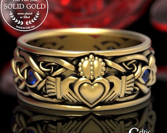 Gold Claddagh Ring with Sapphires, Modern Claddagh Wedding Ring, Celtic Gold Wedding Band, Irish Love Ring, Mens Claddagh Ring, 1688