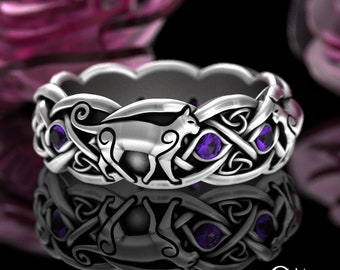 Amethyst Celtic Cat Ring, Sterling Irish Cat, Swirl Cat Wedding Band, Cat Lover Ring, Woven Scottish Ring, Kitty Ring, Feline Ring, 3097