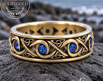 14K Sapphire Infinity Wedding Band, Gold Celtic Wedding Ring, 10K Sapphire Irish Ring, 14K Sapphire Celtic Ring, Classic Celtic Ring, 1410
