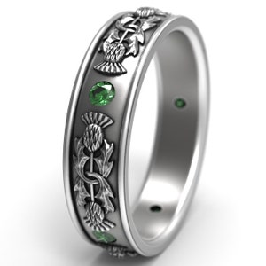 Emerald Thistle Wedding Band, Sterling Silver Scottish Ring, Botanical Jewelry, Flower Nature Sterling Ring, Scottish Heritage Ring, 1781