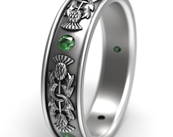 Emerald Thistle Wedding Band, Sterling Silver Scottish Ring, Botanical Jewelry, Flower Nature Sterling Ring, Scottish Heritage Ring, 1781