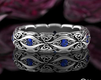 Irish Bridal Blue Sapphire Wedding Ring, Sterling Silver Celtic Triquetra Ring, Trinity Knot Symbol, 925 Womens Scottish Wedding Band, 3188