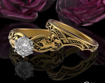 Gold/White Gold 1 Carat Fox Bridal Ring Set, 10K Foxes Solitaire Ring, 14K Moissanite Engagement, Platinum Stacking Wedding Set, 3071 1971