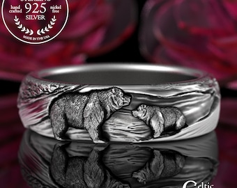 Sterling Momma Bear & Baby Cub Ring, Silver Guardian Bear Family Statement Ring, Mother's Day Gift, Cave Bear Ring, Warrior Mom Ring, 3293