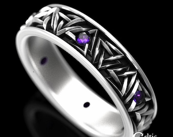 Viking Amethyst Wedding Ring, Sterling Viking Wedding Band, Silver Amethyst Viking Ring, Silver Valknut Ring, Viking Wedding Ring, 1376