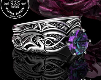 Sterling Alexandrite Dragons Bridal Set, Bride's Dragon Engagement Ring, Womens Alexandrite Solitaire, Silver Bridal Stacking Wedding, 3185