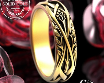 Women's Gold Celtic Tree of Life Ring, 14K White Gold Elven Botanical Ring, Platinum Irish Forest Wedding Band, 18K Nature Anniversary, 2130