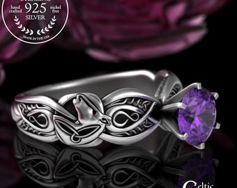 Amethyst Horse Solitaire Ring, Sterling Celtic Horse Wedding Ring, Pony Engagement, Horseback Riding, Silver Equestrian Bride Ring, 3059