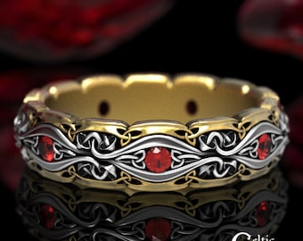 Celtic Mushroom Ring with Rubies, 2-Tone Wedding Band in Silver & Gold, Trinity Knot Ruby Wedding Ring for Her, Nature Inspired Ring 1737