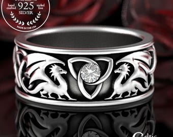 Sterling Men Celtic Dragon Wedding Band, Moissanite Irish Men Wedding Ring, Silver Irish Dragon Ring, Viking Dragon Ring, Norse Dragon, 3052
