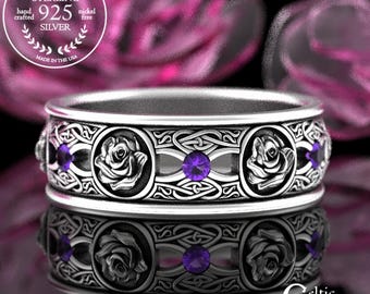 Amethyst Rose Wedding Band, Sterling Irish Rose Wedding Ring, Amethyst Celtic Knot Ring, Silver Scottish Rose Wedding Ring, 3045