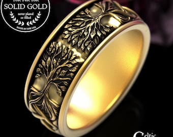 Gold Men's Tree Lovers Ring, 10K White Gold Grooms Forest Wedding Band, 14K Botanical Tree of Life Ring, Woven Tree Knotwork Design, 2036
