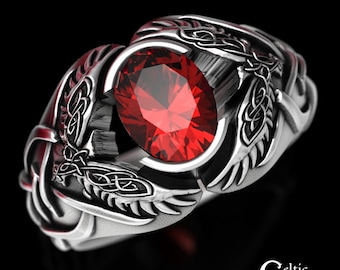 Sterling Viking Raven Ring, Silver Ruby Celtic Ring, Odin Raven Ring, Men Viking Ring, Celtic Wedding Band, Norse Ring, Statement Ring, 1477