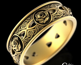 Gold Rose Wedding Ring, 10K 14K Rose Celtic Wedding Band, Gold Flower Irish Ring, Gold Scottish Rose Women Ring, Gold Irish Heart Ring, 3044