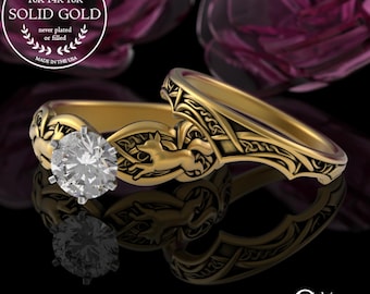 Gold Celtic Fox Bridal Ring Set, Kitsune Solitaire Ring, Moissanite Faoladh Engagement, Platinum Path Finder Stacking Wedding Set, 3071 1971