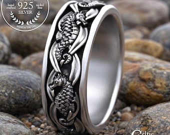 Men's Seahorse Wedding Ring, Sterling Ocean Wedding Band, Marine Sea Life Jewelry, Silver Nautical Theme Ring, 2101