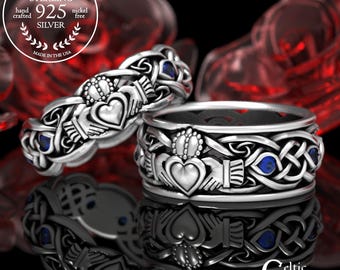 Matching His Hers Silver Claddagh Ring Set with Sapphires, Modern Claddagh Wedding Ring, Celtic Wedding Band Set, Irish Love Ring, 1684 1688