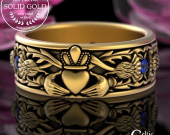 Sapphire & 14K Gold Men's Claddagh Ring, 10K Gold Thistle + Heart Marriage Ring, Platinum Celtic Wedding Band, 18K Scottish Groom Ring, 3282