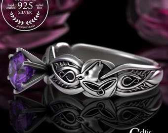 Amethyst Horse Solitaire Ring, Sterling Celtic Horse Wedding Ring, Pony Engagement, Horseback Riding, Silver Equestrian Bride Ring, 3059