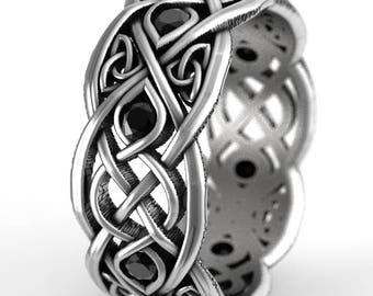 Infinity Wedding Band With Black Spinels, 925 Sterling Silver Celtic Ring, Unique Wedding Ring, Celtic Wedding Band, Handcrafted Size CR1052