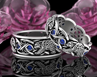 Sapphire Bear Wedding Ring Set, Sterling Silver His Hers Viking Wedding Bands, Celtic Ring Set, Matching Irish Wedding Rings, 3095 1682