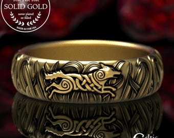 Gold Celtic Wolf Ring, Womens Wolf Wedding Ring, 10K Wolf Wedding Band, 14K Celtic Wolf Ring, Gold Celtic Wolf Wedding Ring, 14K Wolf, 1909