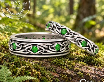 His Hers Elegant Irish Wedding Bands, Matching Celtic Emerald Wedding Rings, Sterling Silver Gaelic Handfasting Ceremony Rings, 1469 + 1467