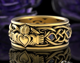 Mens Alexandrite Wedding Ring, Gold Alexandrite Wedding Ring, Celtic Gold Wedding Band, Irish Alexandrite Ring, Men Gold Claddagh Ring, 1688