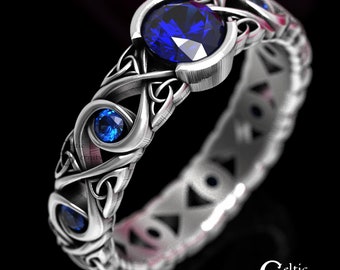 Celtic Engagement Ring with Sapphires, Sterling Sapphire Wedding Ring, Celtic Knot Wedding Ring, Unique Engagement Ring, 1741