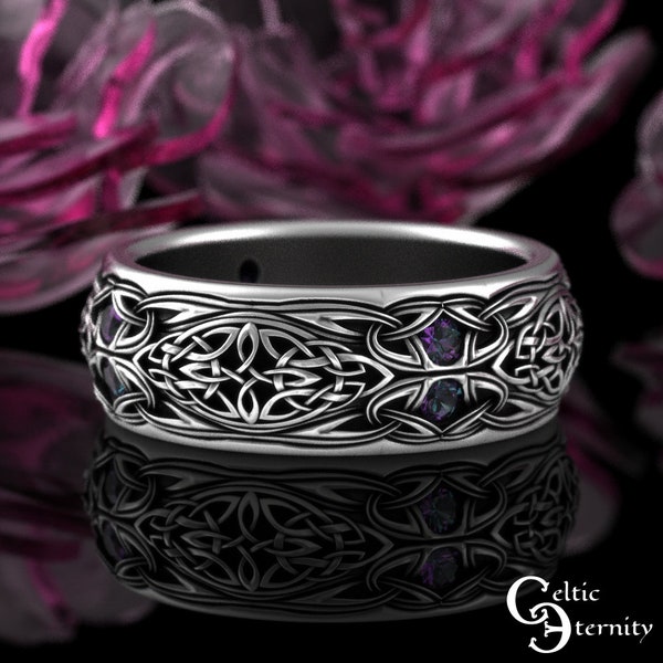 Alexandrite Knotwork Ring, Sterling Mens Alexandrite Wedding Band, Silver Mens Celtic Wedding Band, Scottish Mens Alexandrite Ring, 1804