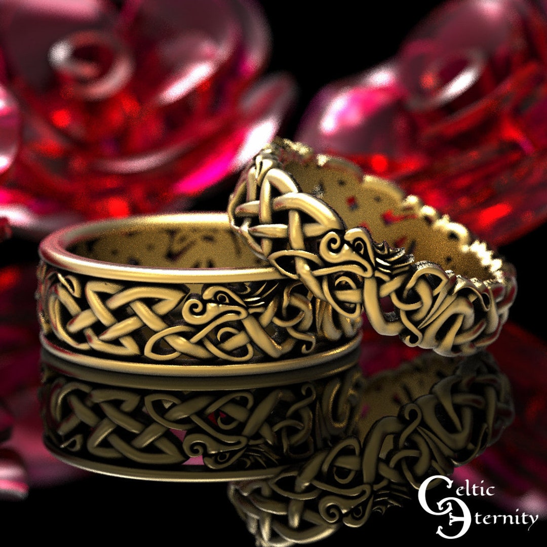 Matching Dragon Ring Set, Gold Dragon Wedding Set, Celtic Dragon Ring ...
