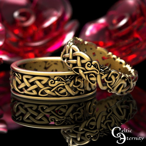 Matching Dragon Ring Set, Gold Dragon Wedding Set, Celtic Dragon Ring Set, Gold Celtic Dragon Rings, Dragon Wedding Ring Set, 1191 1172