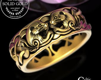 Men's Gold Celtic Otter Wedding Band, Platinum Water Weasel Ring, 14K White Gold Marine Animal Ring, 2177