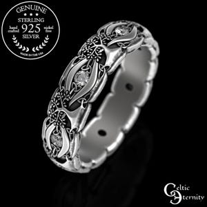Silver Botanical Tree of Life Ring, Sterling Yggdrasil Ring, Moissanite Irish Tree Wedding Band, Womens Nature Ring, Kabbalah Ring, 3191
