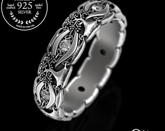 Silver Botanical Tree of Life Ring, Sterling Yggdrasil Ring, Moissanite Irish Tree Wedding Band, Womens Nature Ring, Kabbalah Ring, 3191
