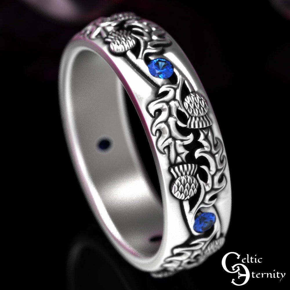 Matching Sapphire Wedding Rings, Sterling Silver Thistle Irish Rings