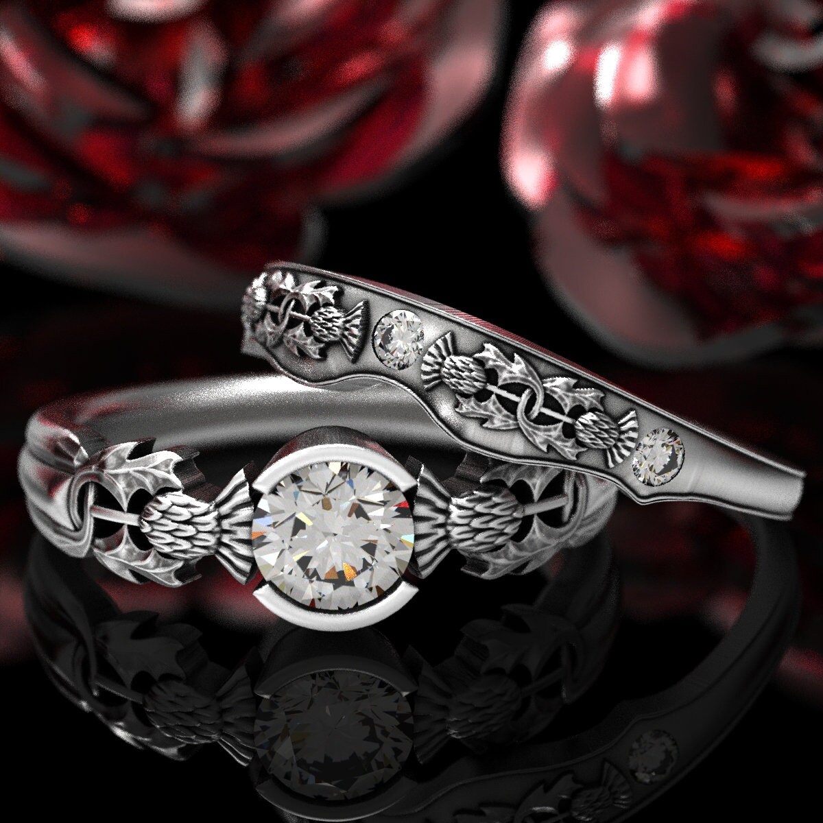 Scottish Engagement Ring, Thistle Engagement Set, Moissanite Engagement