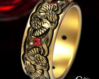 Ruby Thistle Ring, Gold/Platinum Scottish Wedding Ring, Wide Men Ring, Ruby Gold Ring, Celtic Wedding Ring, Gold Wedding Ring, 1472