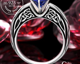 Sterling & Sapphire Celtic Engagement Ring with Gallery Details, Silver Bridal Irish Ring, Intricate Scrollwork Wedding Ring, 2113