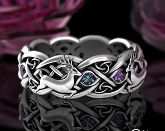 Alexandrite Deer Ring, Sterling Celtic Stag Wedding Ring, Irish Antler Wedding Band, Silver Forest Theme Ring, Alexandrite Wedding, 3128