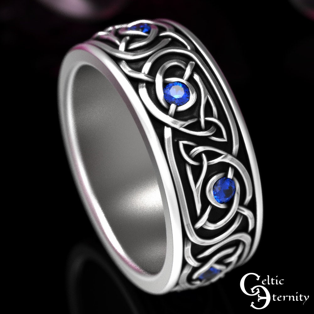 10K Mens Gold Celtic Ring, 14K Gold Celtic Ring, 10K Sapphire Celtic Wedding Ring, Mens Sapphire