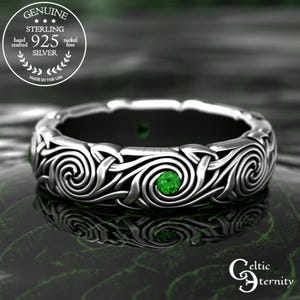 Celtic Druid Spiral Ring, Sterling Emerald Whorl Ring, Silver Scottish Fate Marriage Ring, Intricate Irish Knotwork Wedding Band, 1998
