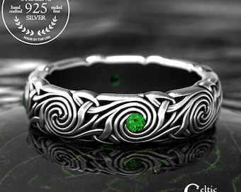 Celtic Druid Spiral Ring, Sterling Silver Gemstone Whorl Ring, Celtic Fate Spiral Ring, Intricate Irish Knotwork Handfasting Band, 1998
