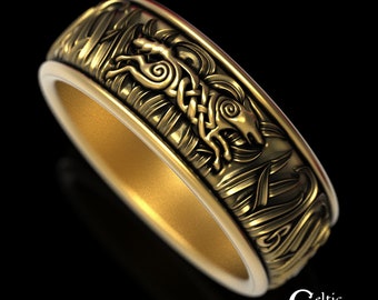 Mens Gold Wolf Ring, Mens Celtic Wolf Wedding Band, 14K Celtic Wolf Ring, 10K Mens Wolf Ring, 10K Celtic Mens Ring, 10K Celtic Wolf, 1910